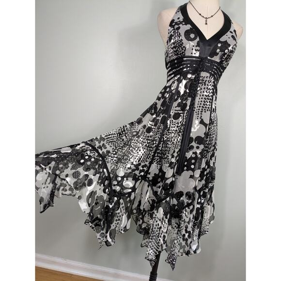 Sue Wong Midi Dress Cocktail Gown 2 Black White Silk Babydoll Y2K Fairy Burnout - Picture 4 of 16